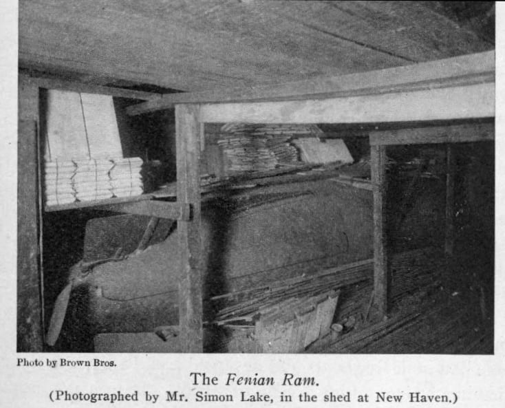 The Fenian Ram in the shed on the Mill River, photographed by the submarine designer Simon Lake.