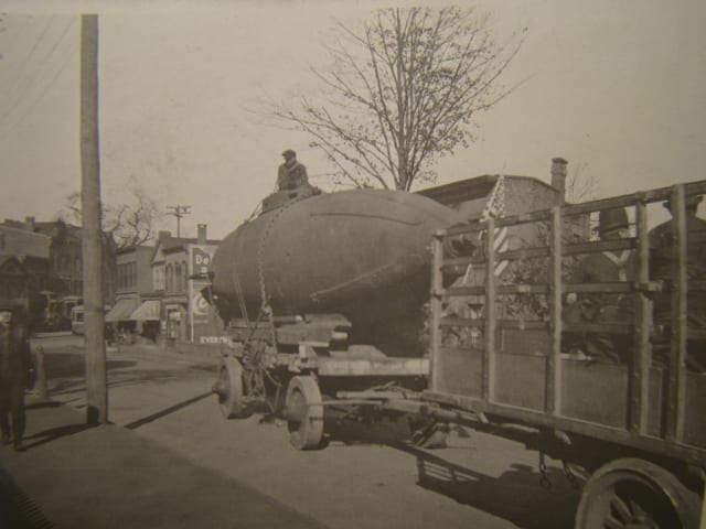 The Fenian Ram being towed down Olive Street, New Haven, 1916.