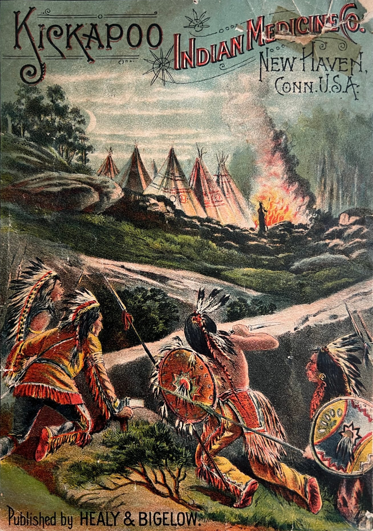 A Kickapoo Indian Medicine Company poster, about 1889. The company was owned by two white promoters; the Kickapoo name and imagery were borrowed to sell patent medicine.