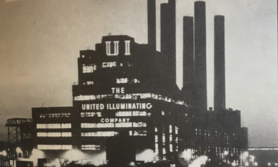 The United Illuminating Company's plant lit up on Ball Island. English Station generated power here from 1929 until 1992.