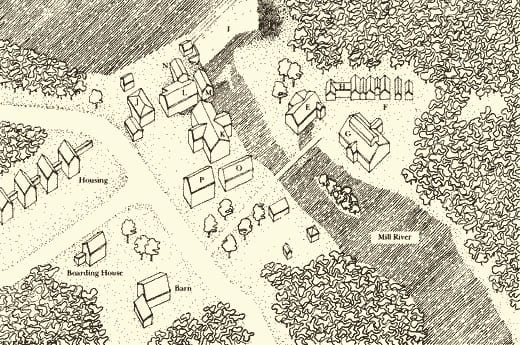 A plan of the armory village on the Mill River, with the boarding house where Whitney's workers lived.