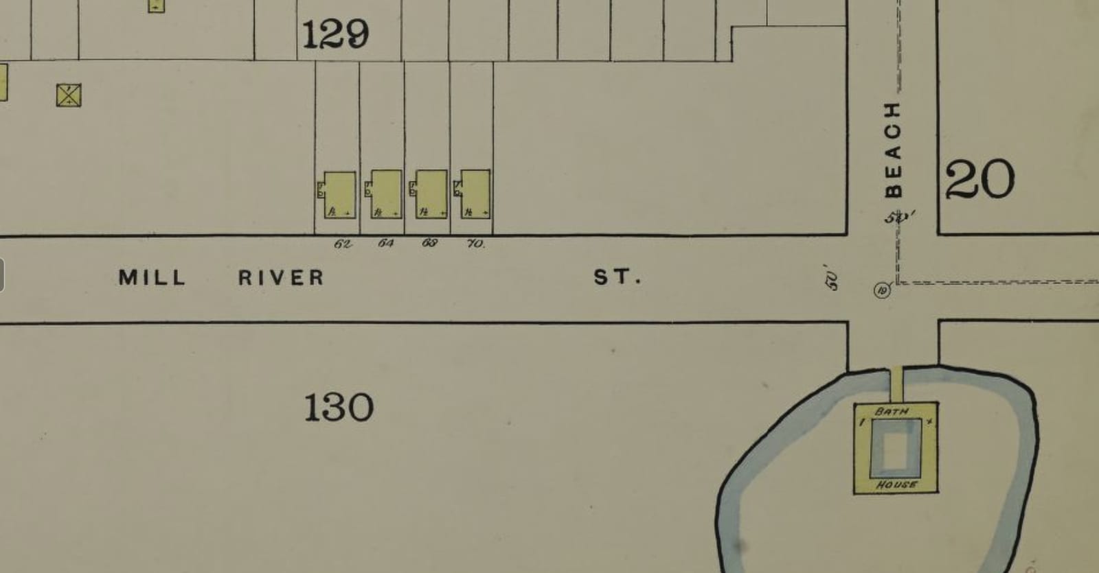 The bath house on a period map, at the corner of Mill River Street and Beach Street.