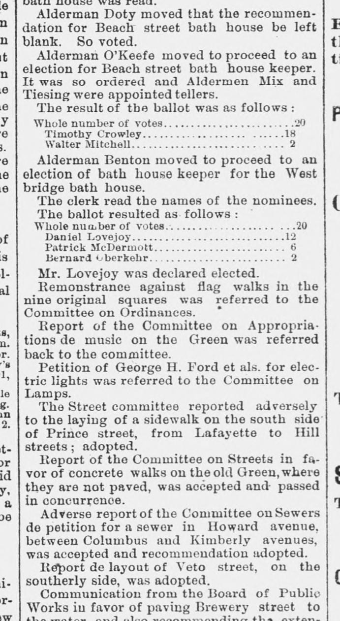 The council elects a bath house keeper, 2 May 1882. Beach Street: Crowley 18, Mitchell 2.