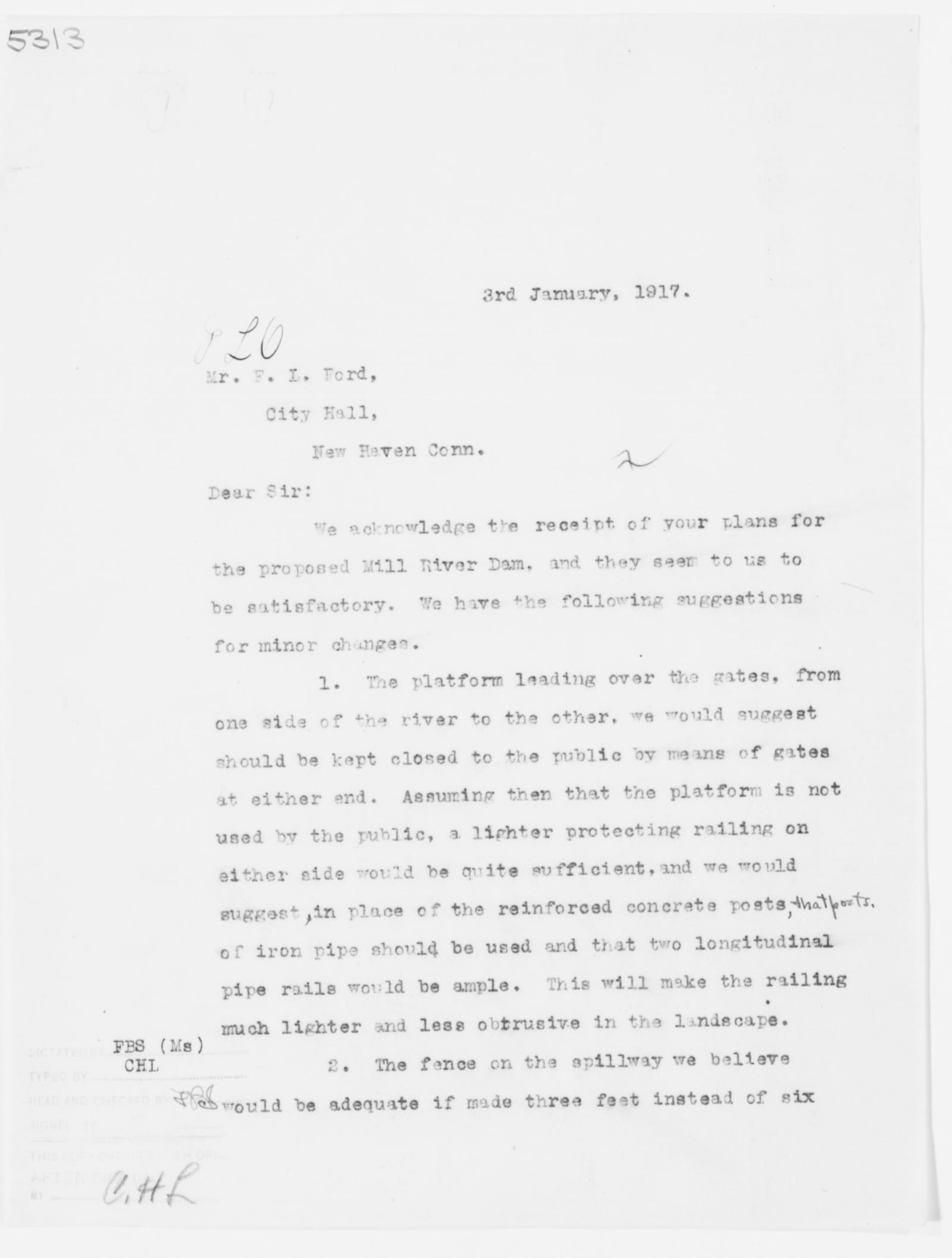 Olmsted Brothers to New Haven's city engineer, 3 January 1917, approving his plans for 