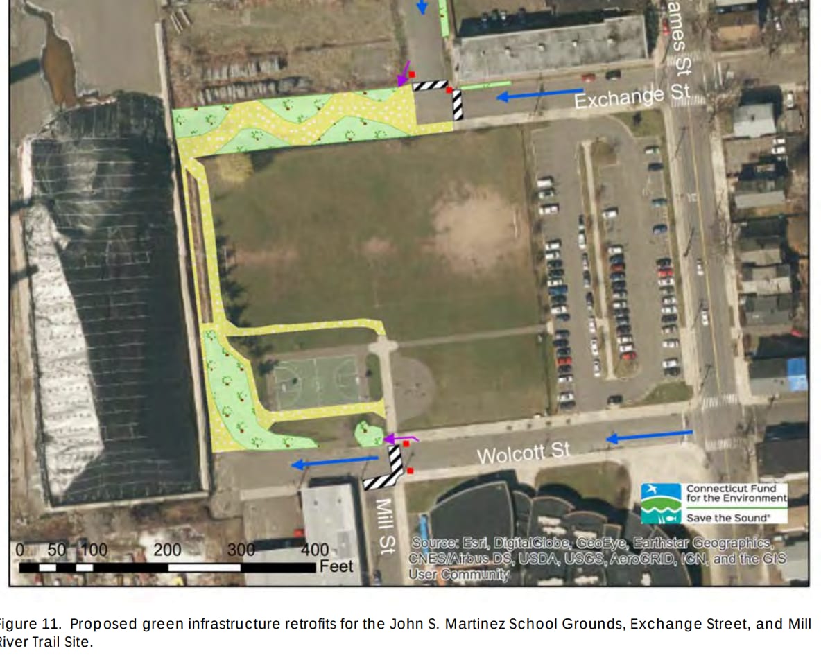 Infraestructura verde propuesta para el recinto escolar de Exchange Street y el Mill River Trail: la versión actual del mismo argumento.
