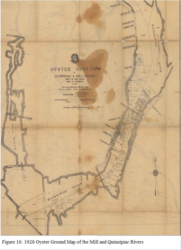 The 1928 oyster ground map of the Mill and Quinnipiac rivers, showing the beds this town was built on.