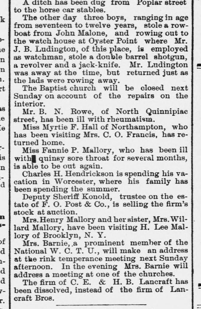The watch house at Oyster Point, robbed of a shotgun, a revolver and a jack-knife by three boys in a stolen rowboat. Morning Journal and Courier, 9 September 1886. Proof that the watch houses were real, were out on the water, and were armed.