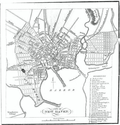 New Haven about 1840, with Long Wharf reaching out into the harbour.